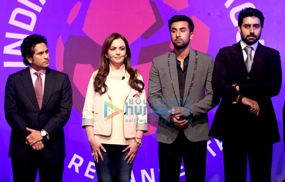 ranbir kapoor john abraham abhishek bachchan varun dhawan at the launch of hero indian super league 3