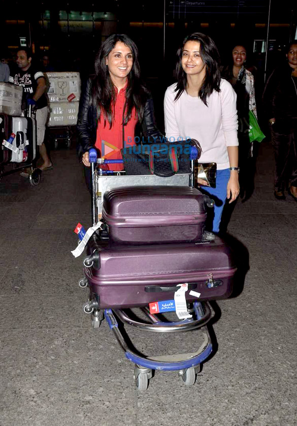 richa chadda and surveen chawla snapped returning from dubai 2