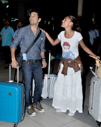 Caterina Murino snapped with Rajeev Khandelwal & Gauahar Khan at the airport
