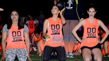 Jacqueline Fernandez, Kalki Koechlin and Sakshi Malik participate in the ‘Abdominal Plank Position’ for 60sec