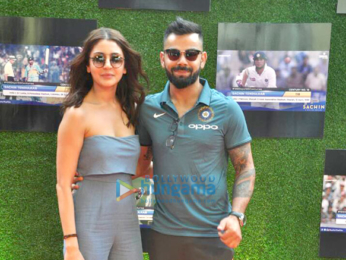 Anushka Sharma and cricketer Virat Kohli pose with Sachin Tendulkar at the premiere of Sachin A Billion Dreams