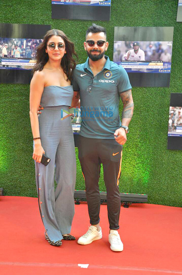 anushka sharma and cricketer virat kohli pose with sachin tendulkar at the premiere of sachin a billion dreams 4