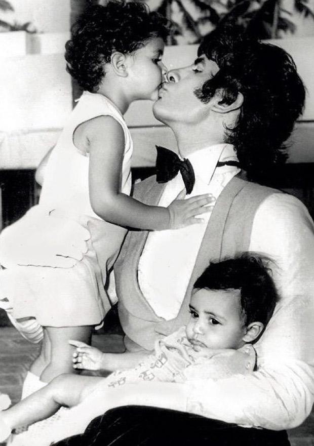 This throwback image of Abhishek Bachchan and Shweta Nanda with father Amitabh Bachchan on sets of Amar Akbar Anthony is just adorable