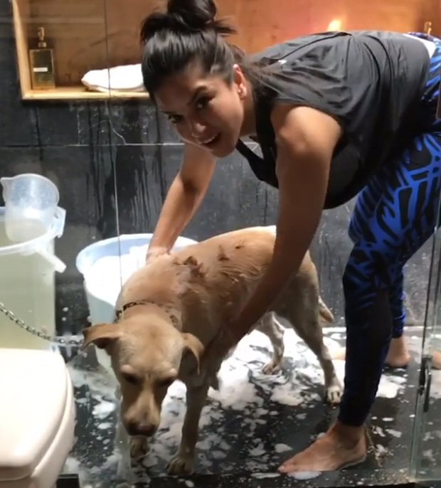 Sunny Leone bathes her pet dog Bella