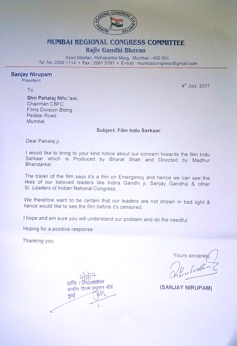 Congress leader Sanjay Nirupam writes to CBFC chairman Pahlaj Nihalani asking for watch Indu Sarkar before it is censored