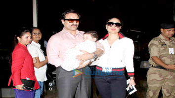 Saif Ali Khan and Kareena Kapoor Khan pose with Taimur as they depart for Switzerland