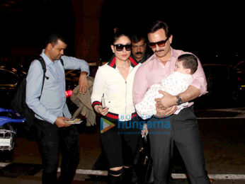 Saif Ali Khan and Kareena Kapoor Khan pose with Taimur as they depart for Switzerland