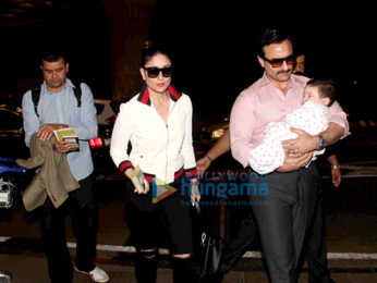 Saif Ali Khan and Kareena Kapoor Khan pose with Taimur as they depart for Switzerland