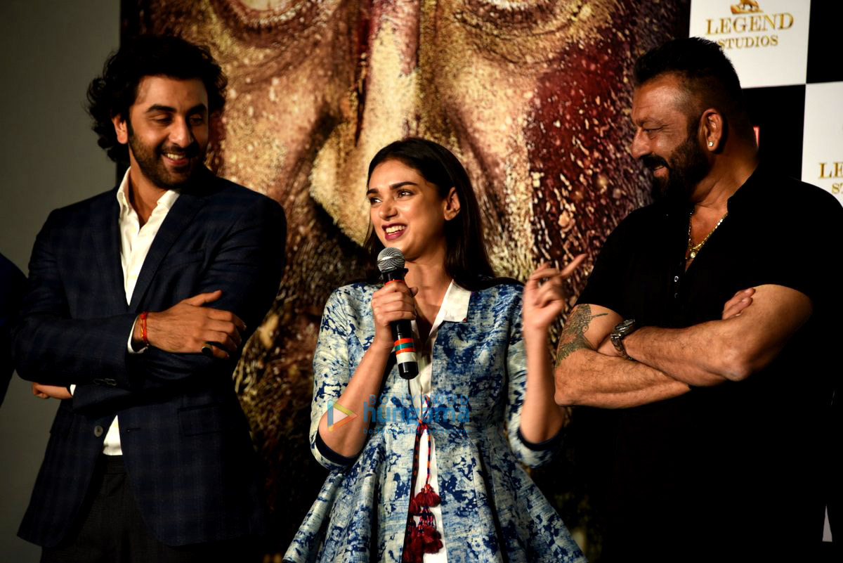sanjay ranbir rajkumar hirani at the trailer launch of bhoomi 10