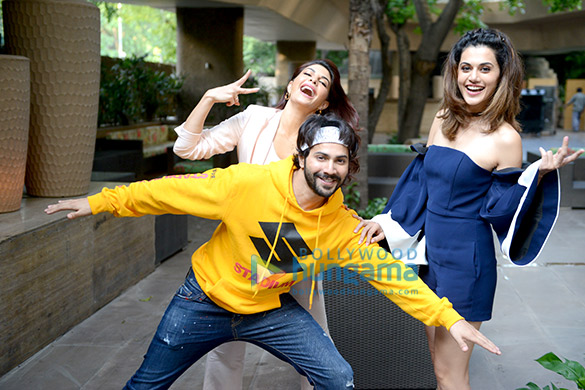 Varun Dhawan, Jacqueline Fernandez and Taapsee Pannu snapped promoting their film Judwaa 2