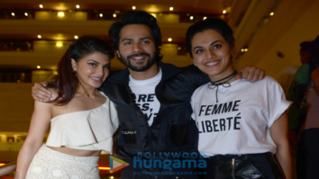 Varun Dhawan, Jacqueline Fernandez and Taapsee Pannu snapped at Le Merridean Hotel in Delhi