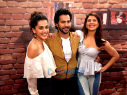 Varun Dhawan, Jacqueline Fernandez and Taapsee Pannu snapped promoting ‘Judwaa 2’ at Mehboob Studio