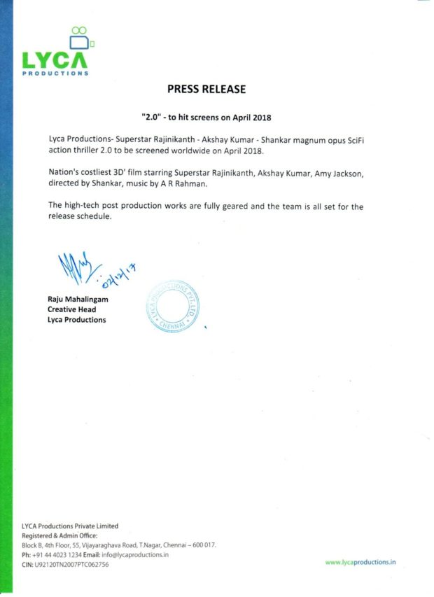 Rajinikanth, Akshay Kumar starrer 2.0 to release