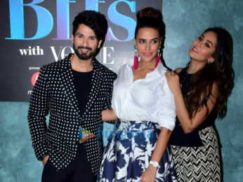 Shahid Kapoor, Neha Dhupia and Mira Rajput on the sets of Vogue BFFs