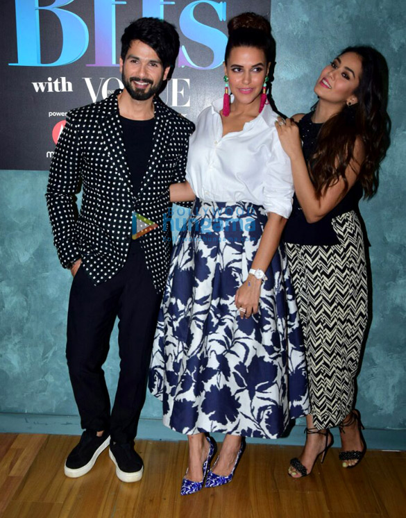 shahid kapoor neha dhupia and mira rajput on the sets of vogue bffs 6