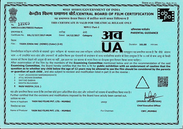 Tiger Zinda Hai cleared by the Censor Board with ‘UA’ certificate