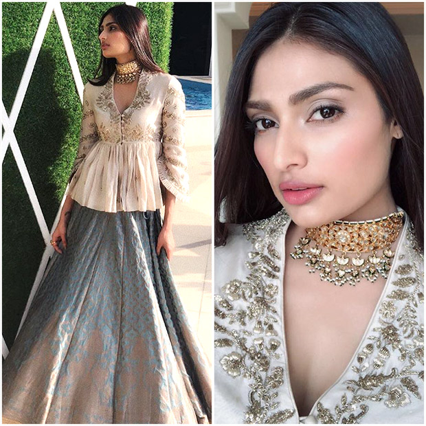 Athiya Shetty in a Jayanti Reddy ensemble at the pre-wedding festivities of Mohit Marwah Antara Motiwala