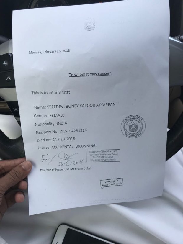 BREAKING: Sridevi died of accidental drowning, traces of alcohol found in forensic report BREAKING: Sridevi died of accidental drowning, traces of alcohol found in forensic report