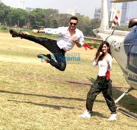 tiger shroff and disha patani arrive in a helicopter for the trailer launch of baaghi 2 3