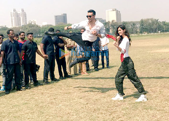tiger shroff and disha patani arrive in a helicopter for the trailer launch of baaghi 2 5