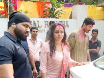 Hema Malini snapped after a holi party at daughter Esha Deol's residence
