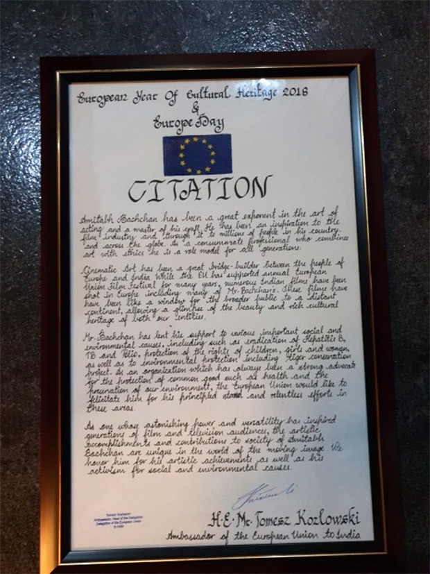 Amitabh Bachchan felicitated with citation by the European Union Amitabh Bachchan felicitated with citation by the European Union