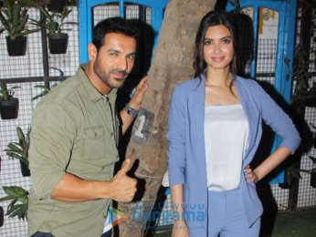 Diana Penty, John Abraham and Abhishek Sharma snapped doing media interactions for their film Parmanu at Bombay Adda