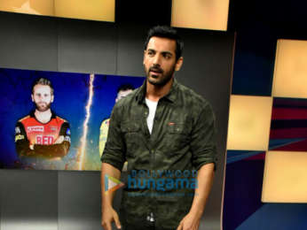 John Abraham snapped on sets of Kent Cricket Live promoting his film Parmanu