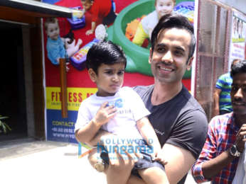 Tusshar Kapoor snapped with his son Laksshya outside the gym in Bandra