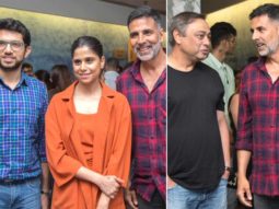 Akshay Kumar strikes a pose with Aditya Thackeray and Marathi actors Sachin Khedekar and Sai Tamhankar at Chumbak screening