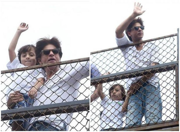 Pics & Video: Shah Rukh Khan and AbRam drive fans crazy after their customary Eid greeting at Mannat