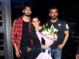 Suniel Shetty, Ahan Shetty snapped at Mana Shetty’s birthday dinner at BKC