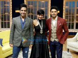 Tusshar Kapoor, Mandira Bedi and Rajeev Khandelwal snapped on sets of the show Juzz Baatt
