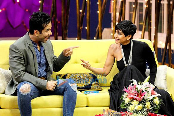 tusshar kapoor mandira bedi and rajeev khandelwal snapped on sets of the show juzz baat 2