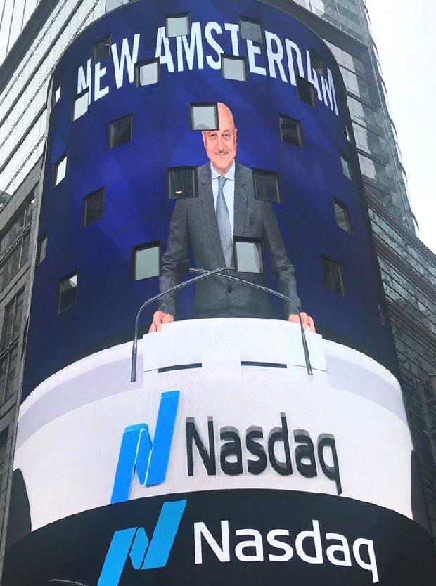 Anupam Kher rings the Nasdaq bell at Times Square during New Amsterdam promotions!