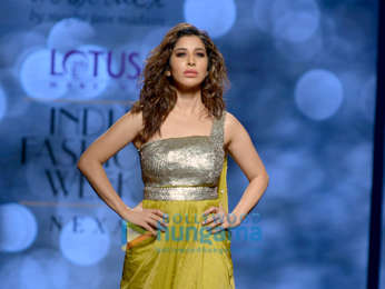 Sophie Choudry walks the ramp in an abstract design by Megha Jain Madaan