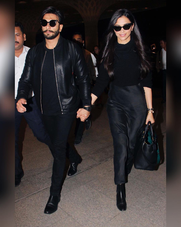 Deepika Padukone and Ranveer Singh twinning in black at the airport (1)