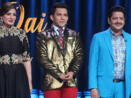 Raveena Tandon on a set of Sa Re Ga Ma Pa with singer Shekhar Ravjiani, Richa Sharma, and Wajid Khan