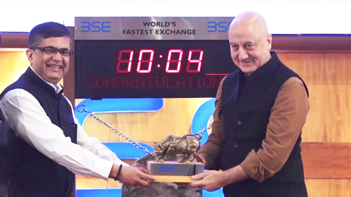 Anupam Kher Rings Bombay Stock Exchange Bell to Promote his film ‘The Accidental Prime Minister’