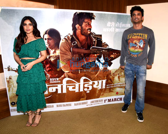 bhumi pednekar and sushant singh rajput snapped during media interactions for their film sonchiriya 1