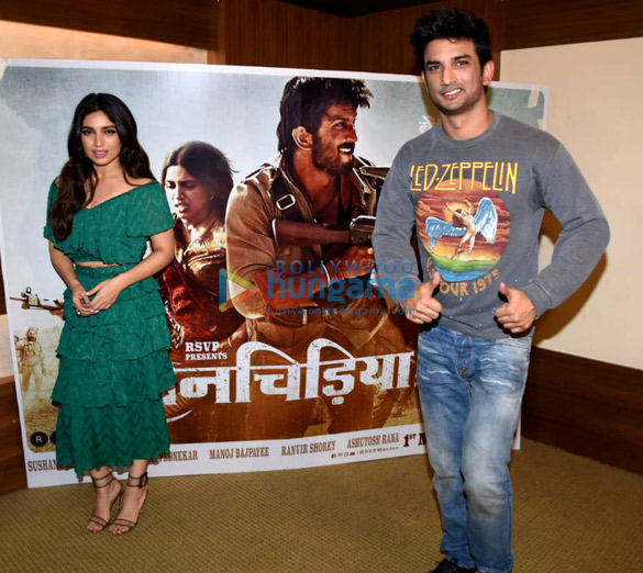 bhumi pednekar and sushant singh rajput snapped during media interactions for their film sonchiriya 3