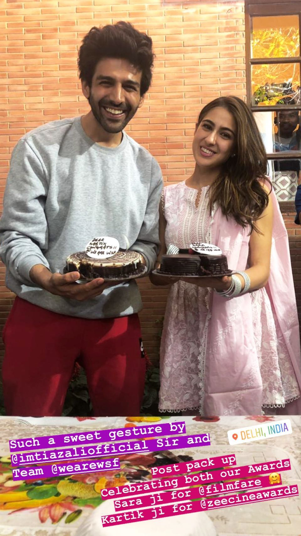 Sara Ali Khan and Kartik Aaryan celebrate their Filmfare Awards and Zee Cine Awards win on Imtiaz Ali's film set