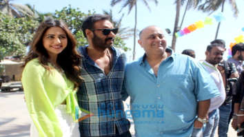 Ajay Devgn, Rakul Preet and Akiv Ali snapped during media interactions for De De Pyaar De at Sun N Sand in Juhu