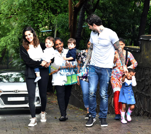 photos sunny leone snapped with husband and kids at play school in juhu 2