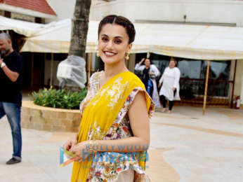Photos: Taapsee Pannu, Kirti Kulhari and Nithya Menon snapped during 'Mission Mangal' promotions in Juhu