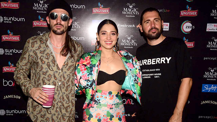 Tamanna Bhatia snapped with Dimitri Vegas and Like Mike at Sunburn party