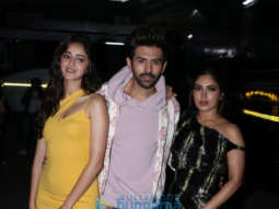 Photos: Kartik Aaryan, Bhumi Pednekar and Ananya Panday snapped promoting their film Pati Patni Aur Woh on the sets of Dance Plus