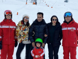 Saif Ali Khan, Kareena Kapoor Khan, Karisma Kapoor pose as they go sledding in Switzerland!