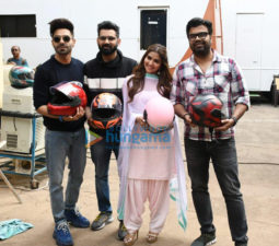 on the sets of the movie Helmet