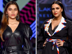 Neha Dhupia and Saiee Manjrekar on ramp in LFW SR 2020 for INIFD Launchpad